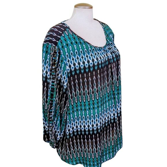 Cato Blouse Women Plus 26/28 Ikat Blue Green Boho Artsy Sleeve Ladder Cutout - Picture 2 of 9